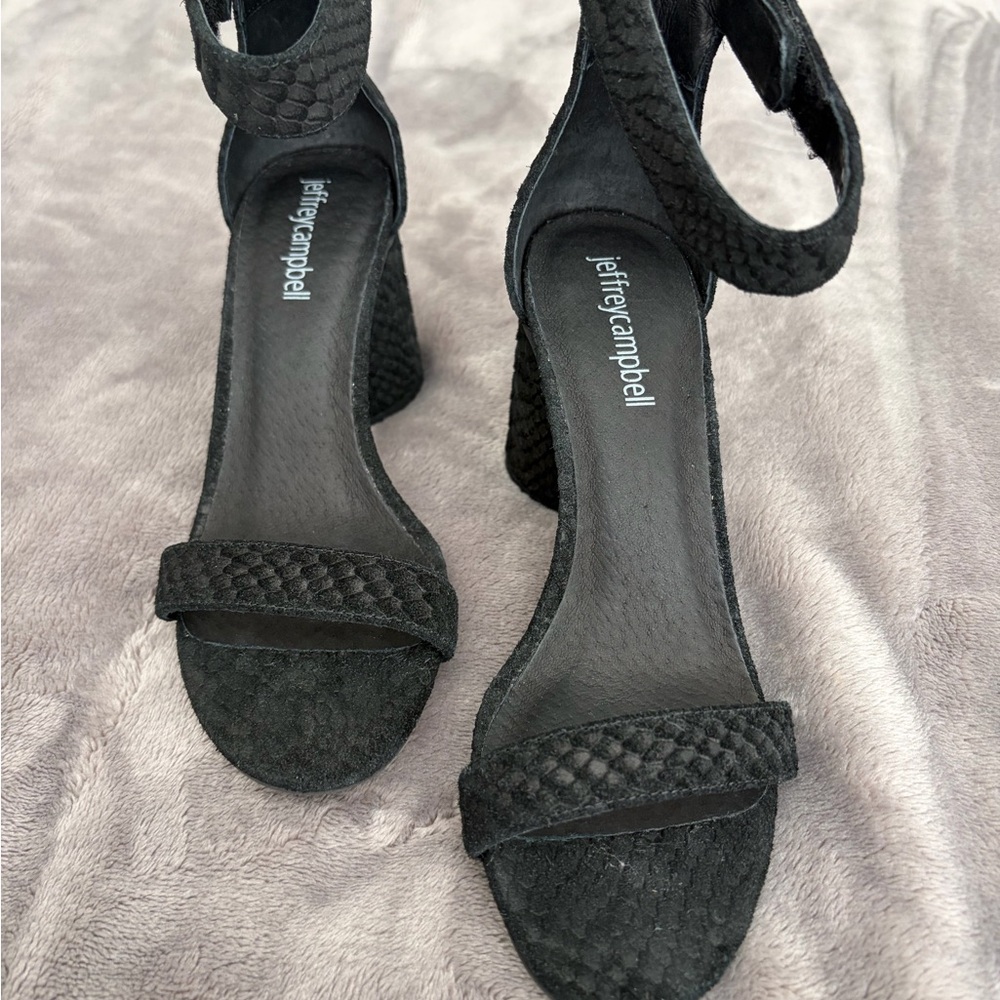 Jeffrey Campbell Black Snake-Texture Block Heel Sandals